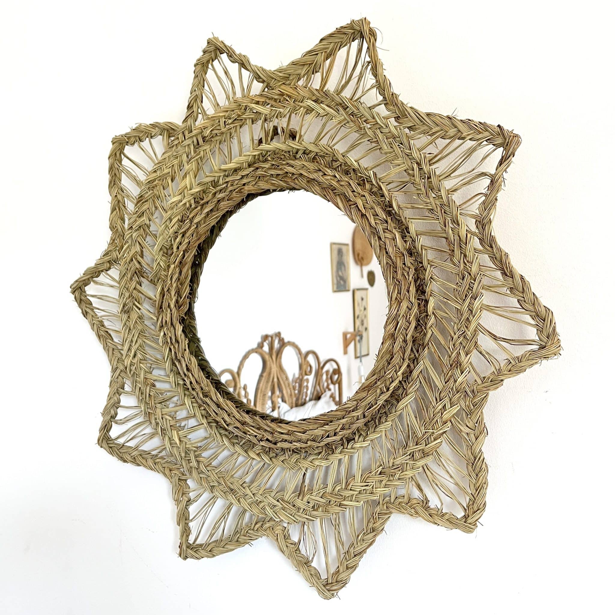 Miroir De Table Vintage En Paille Tressée - Hauteur 32 Cm - Fin XXe